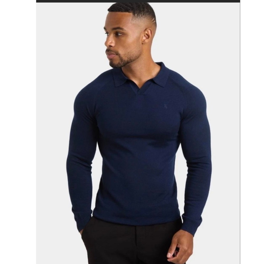 Tailored Athlete Navy Blue Cotton Open Collar Long Sleeve Muscle Fit Polo- XL